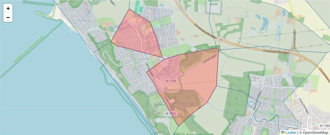 Karta över postnummerområdet  och angränsande postnummer i Sverige