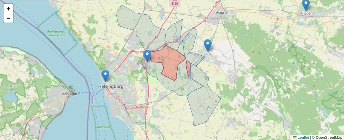 Karta över postnummerområdet  och angränsande postnummer i Sverige