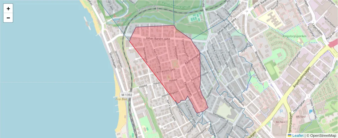Karta över postnummerområdet  och angränsande postnummer i Sverige