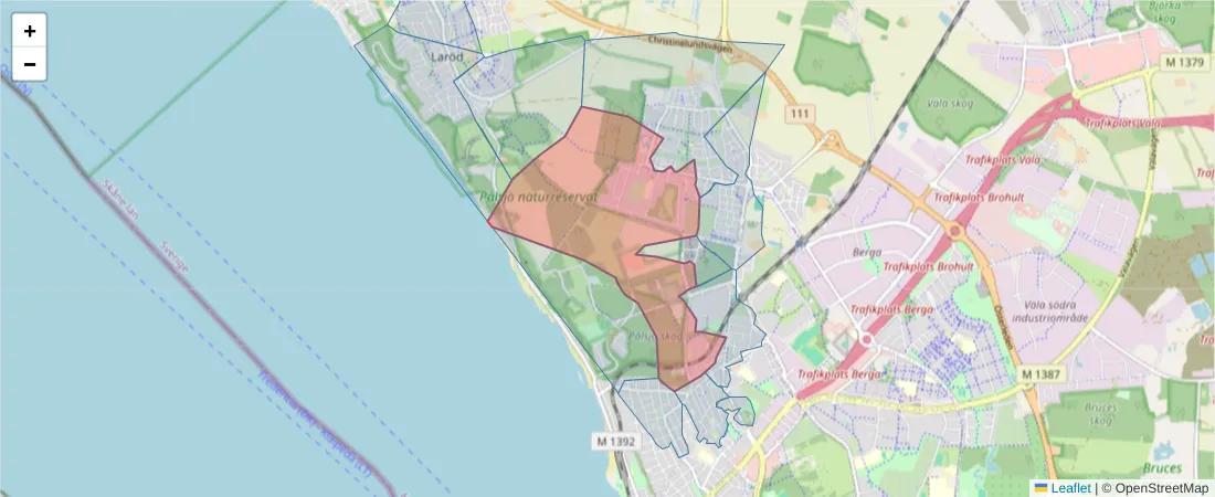 Karta över postnummerområdet  och angränsande postnummer i Sverige
