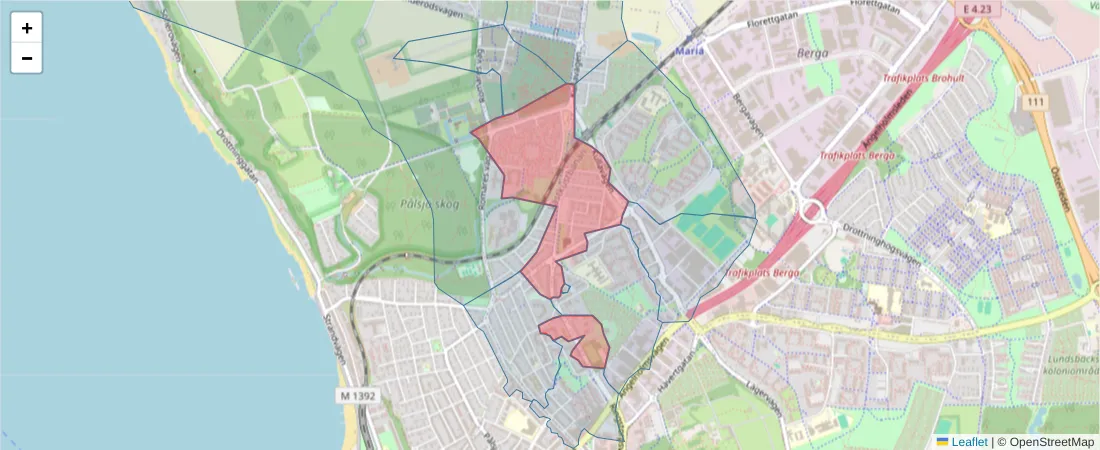 Karta över postnummerområdet  och angränsande postnummer i Sverige