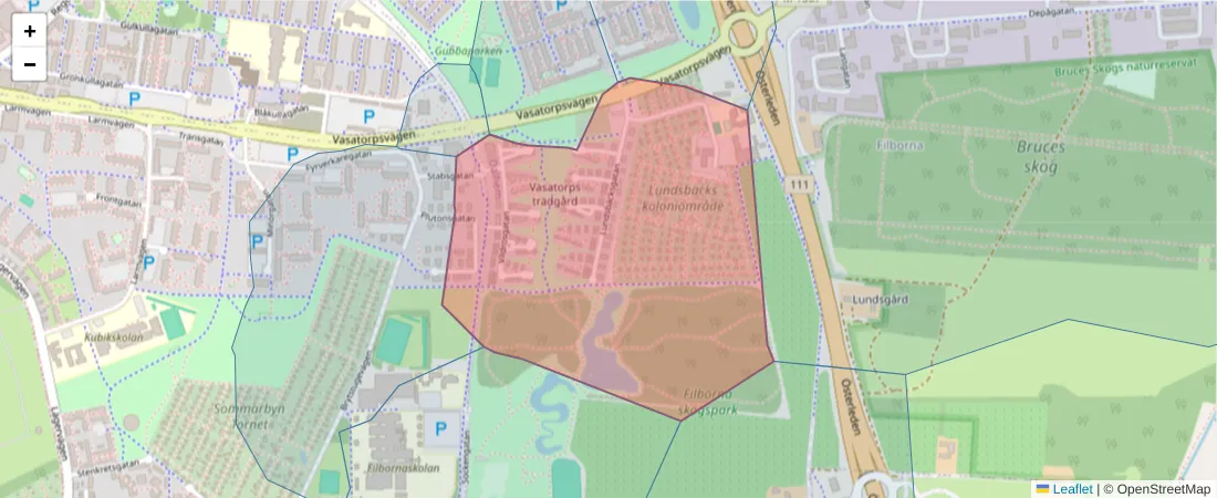Karta över postnummerområdet  och angränsande postnummer i Sverige