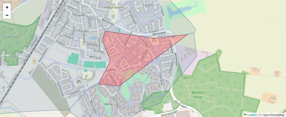 Karta över postnummerområdet  och angränsande postnummer i Sverige