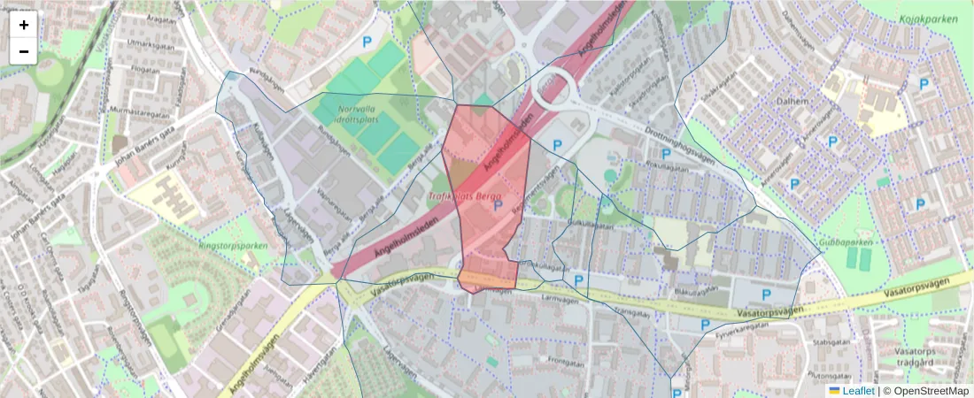 Karta över postnummerområdet  och angränsande postnummer i Sverige