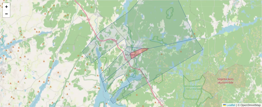 Karta över postnummerområdet  och angränsande postnummer i Sverige
