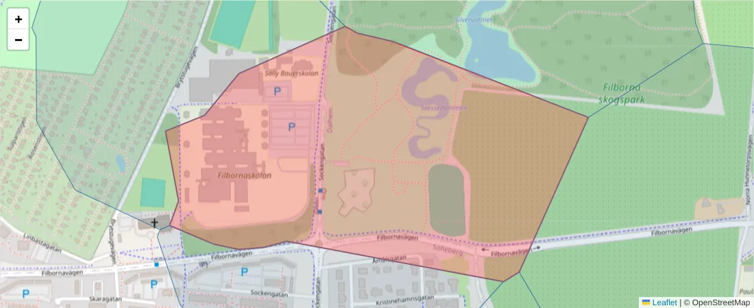 Karta över postnummerområdet  och angränsande postnummer i Sverige
