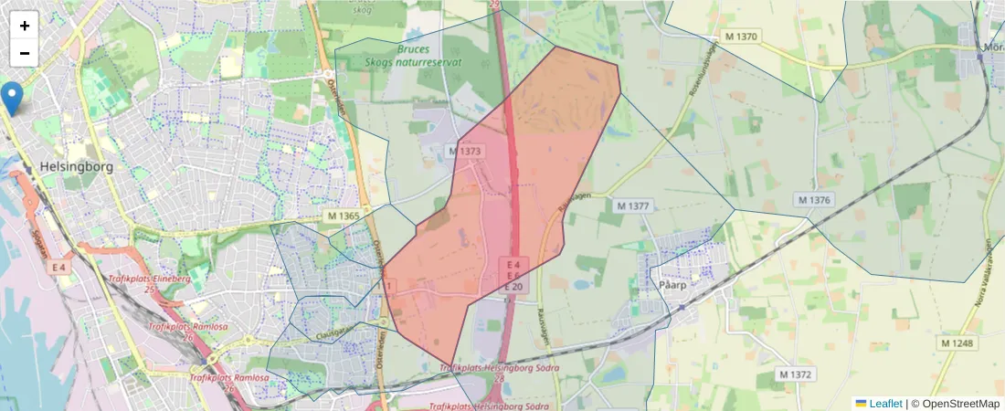 Karta över postnummerområdet  och angränsande postnummer i Sverige