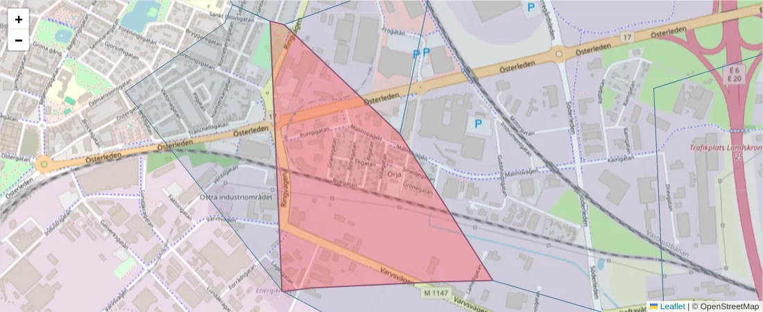 Karta över postnummerområdet  och angränsande postnummer i Sverige
