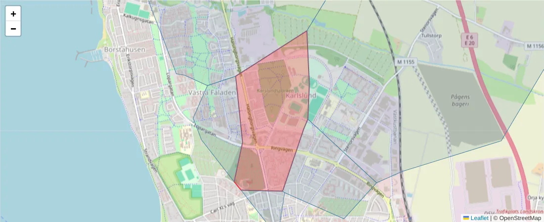 Karta över postnummerområdet  och angränsande postnummer i Sverige