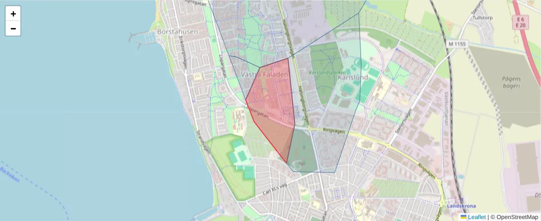 Karta över postnummerområdet  och angränsande postnummer i Sverige