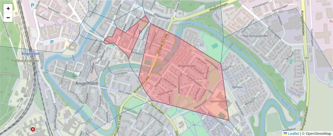 Karta över postnummerområdet  och angränsande postnummer i Sverige
