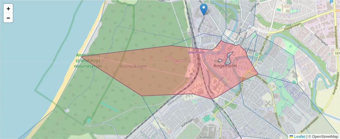 Karta över postnummerområdet  och angränsande postnummer i Sverige