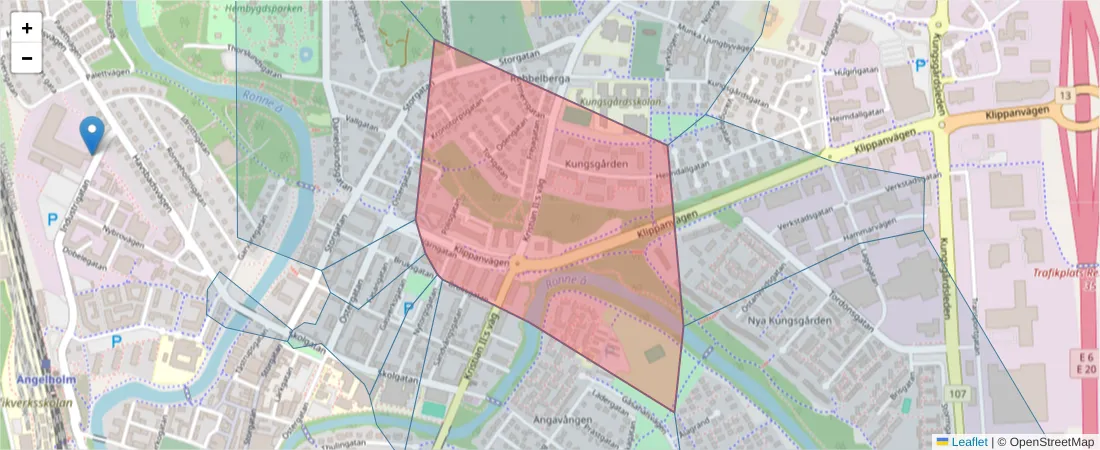 Karta över postnummerområdet  och angränsande postnummer i Sverige