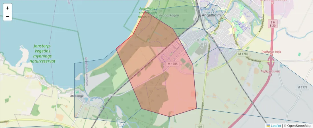Karta över postnummerområdet  och angränsande postnummer i Sverige
