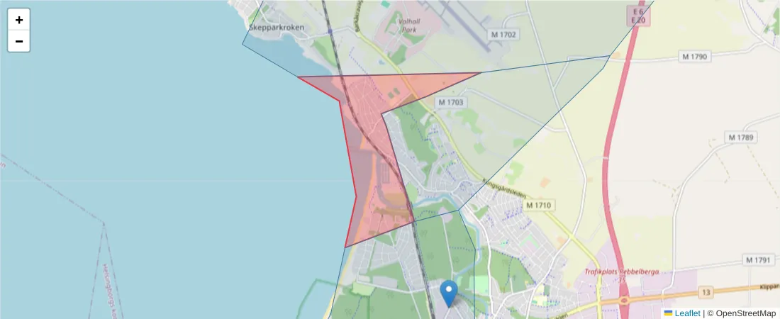 Karta över postnummerområdet  och angränsande postnummer i Sverige