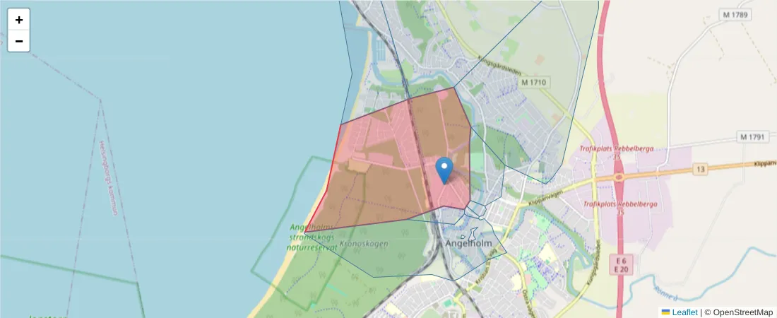 Karta över postnummerområdet  och angränsande postnummer i Sverige