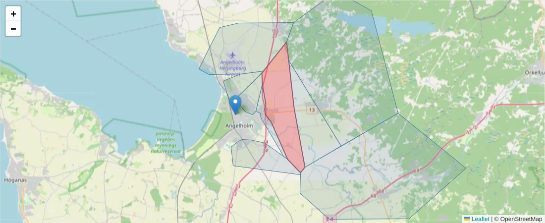 Karta över postnummerområdet  och angränsande postnummer i Sverige