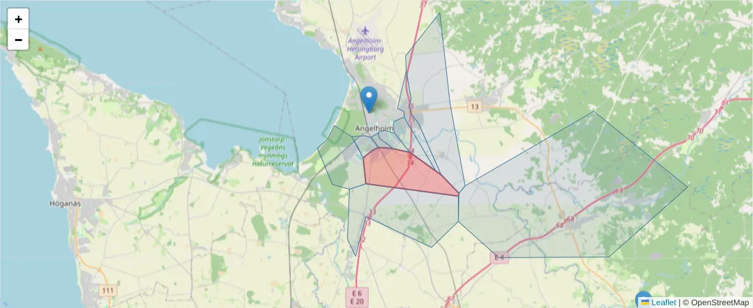 Karta över postnummerområdet  och angränsande postnummer i Sverige