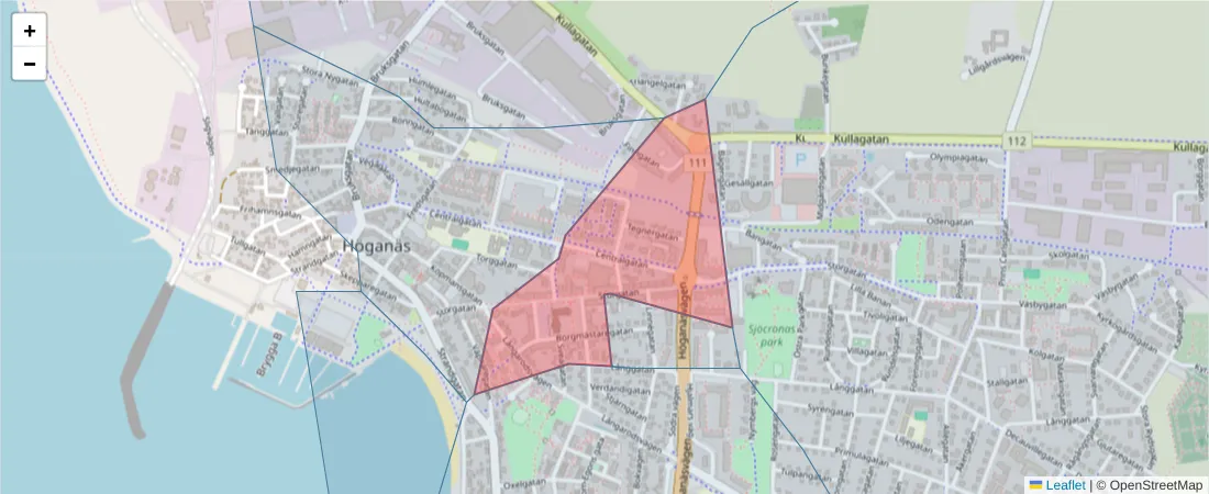Karta över postnummerområdet  och angränsande postnummer i Sverige