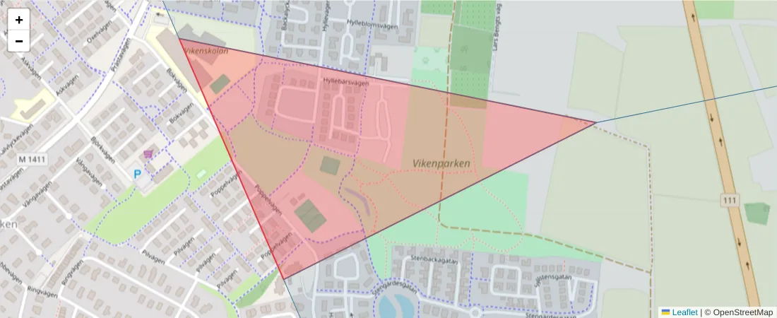 Karta över postnummerområdet  och angränsande postnummer i Sverige