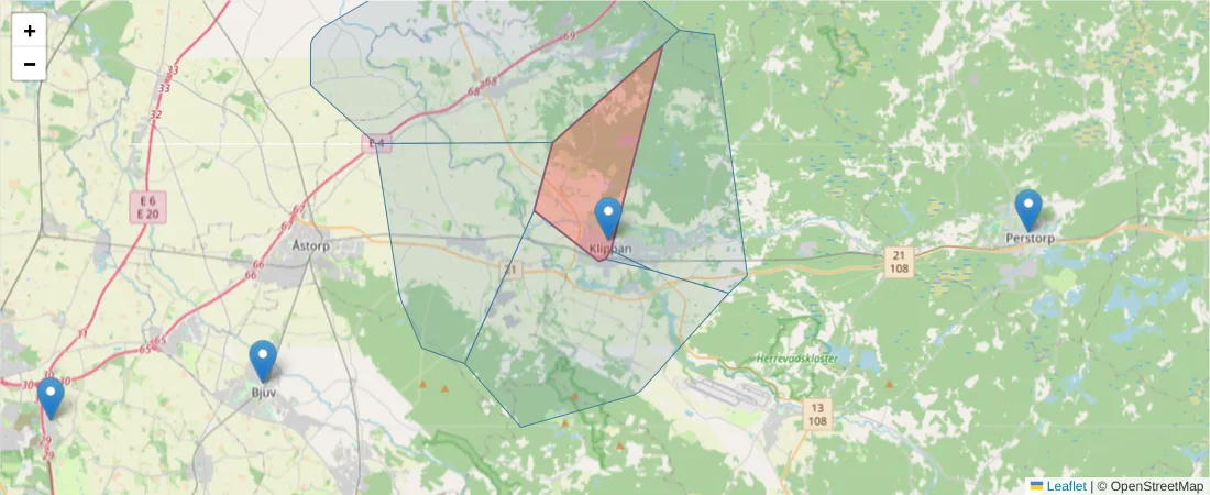 Karta över postnummerområdet  och angränsande postnummer i Sverige