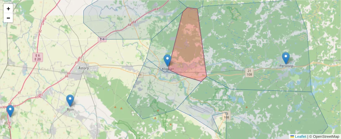 Karta över postnummerområdet  och angränsande postnummer i Sverige