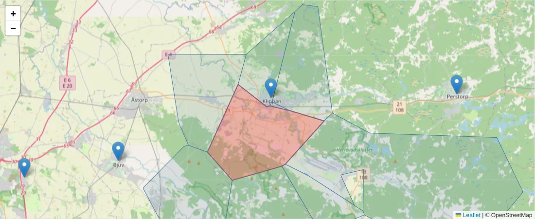 Karta över postnummerområdet  och angränsande postnummer i Sverige