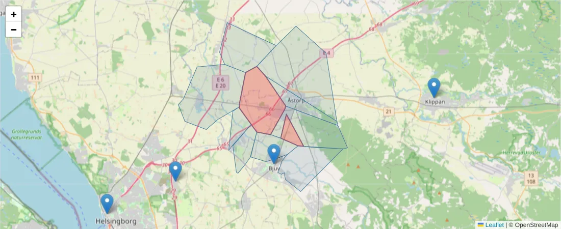 Karta över postnummerområdet  och angränsande postnummer i Sverige