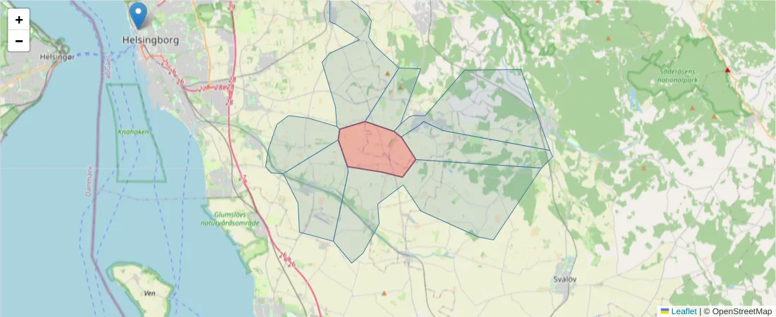 Karta över postnummerområdet  och angränsande postnummer i Sverige