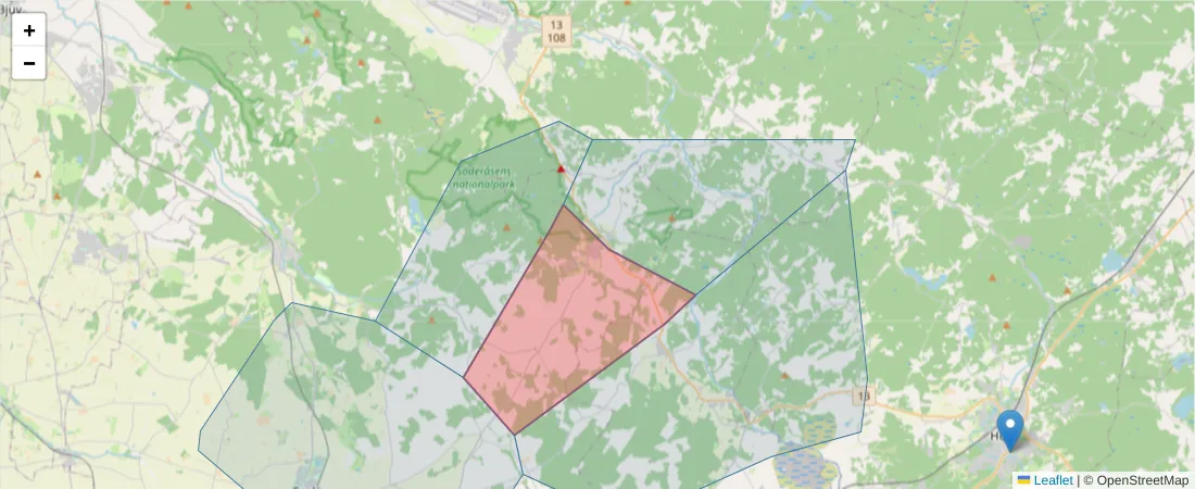 Karta över postnummerområdet  och angränsande postnummer i Sverige