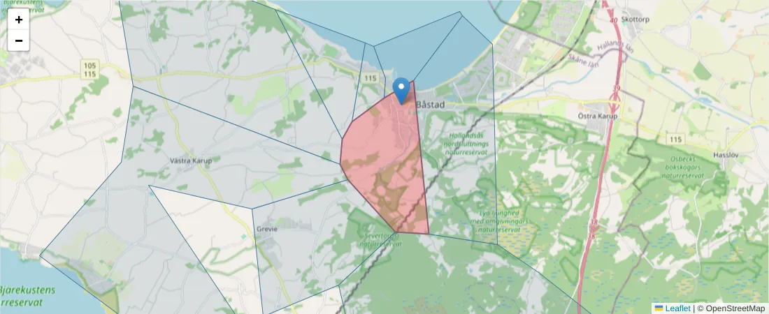 Karta över postnummerområdet  och angränsande postnummer i Sverige