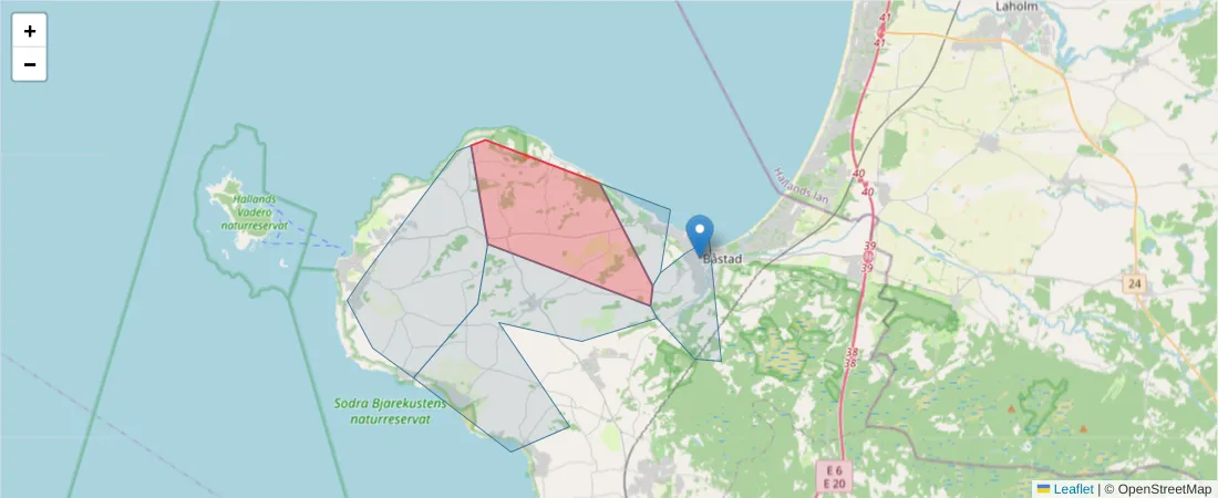 Karta över postnummerområdet  och angränsande postnummer i Sverige
