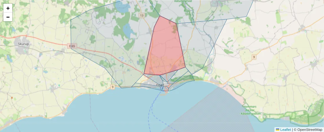 Karta över postnummerområdet  och angränsande postnummer i Sverige