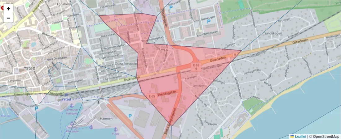 Karta över postnummerområdet  och angränsande postnummer i Sverige