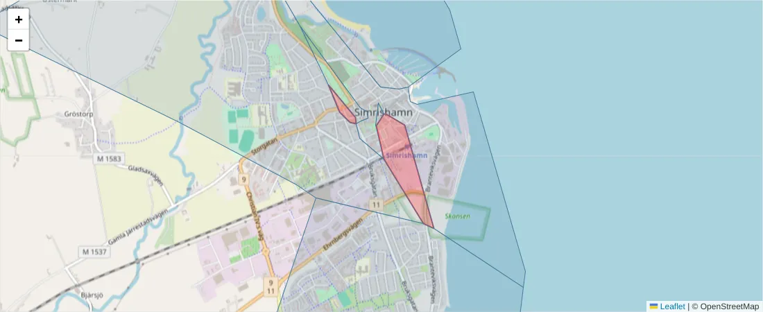 Karta över postnummerområdet  och angränsande postnummer i Sverige