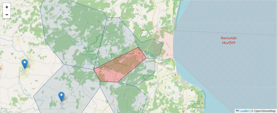 Karta över postnummerområdet  och angränsande postnummer i Sverige