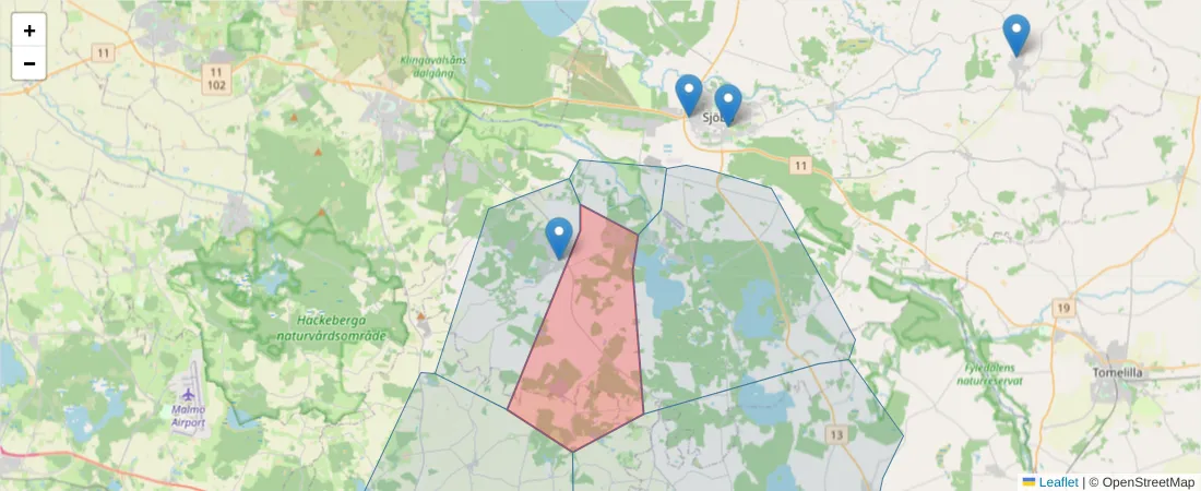 Karta över postnummerområdet  och angränsande postnummer i Sverige