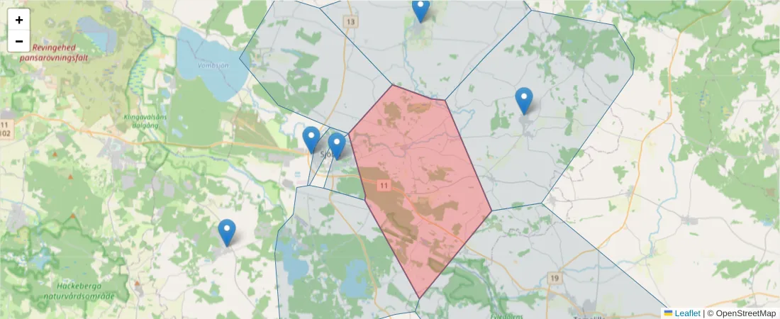 Karta över postnummerområdet  och angränsande postnummer i Sverige