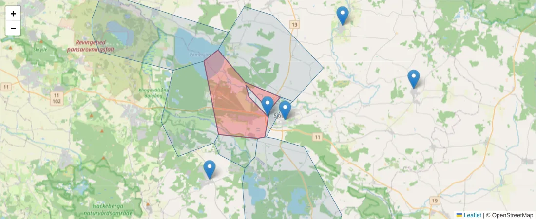 Karta över postnummerområdet  och angränsande postnummer i Sverige