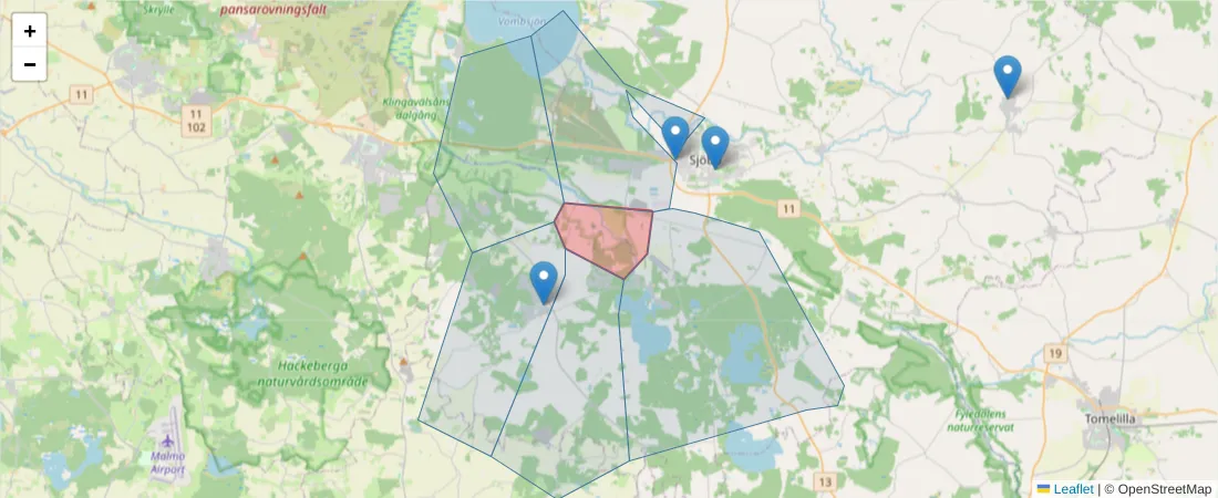 Karta över postnummerområdet  och angränsande postnummer i Sverige