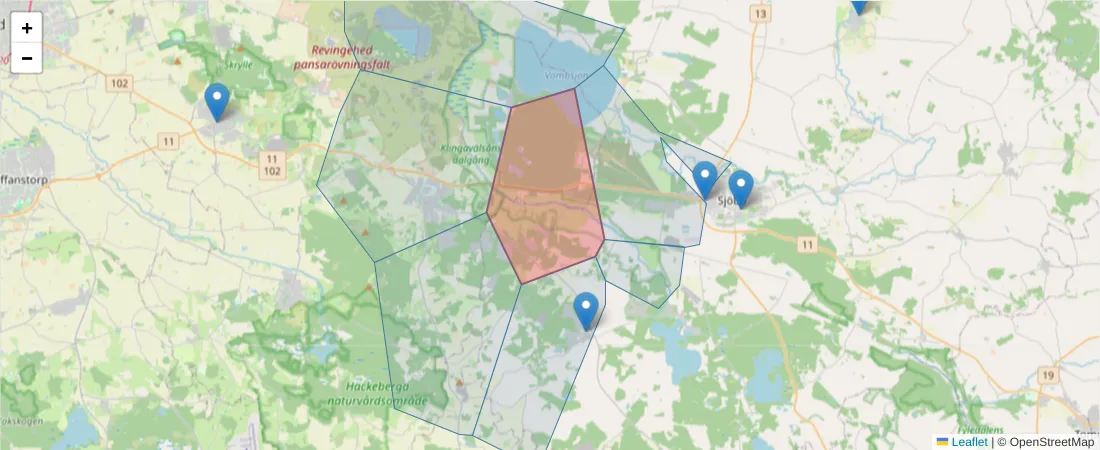 Karta över postnummerområdet  och angränsande postnummer i Sverige