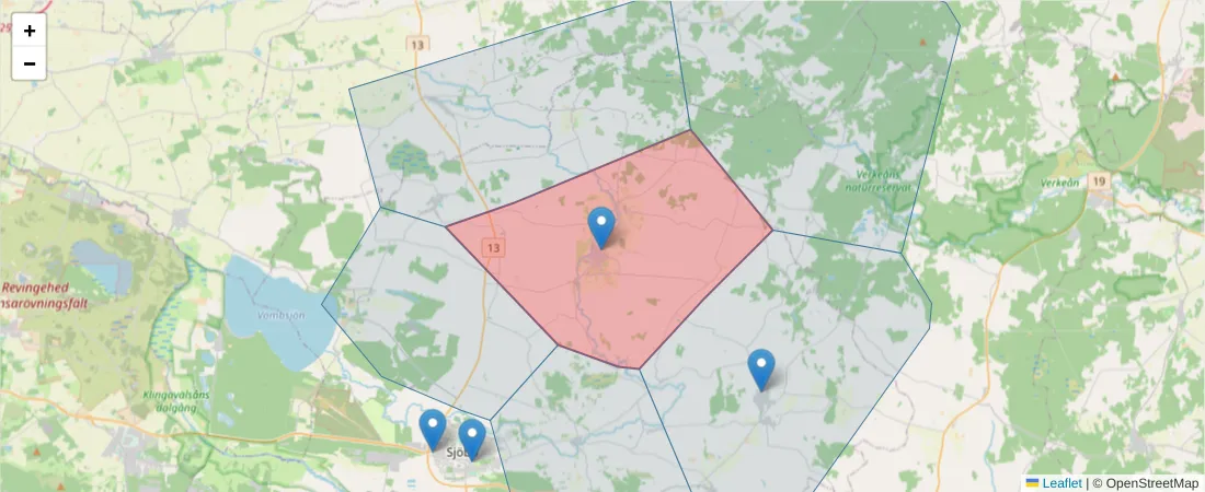 Karta över postnummerområdet  och angränsande postnummer i Sverige