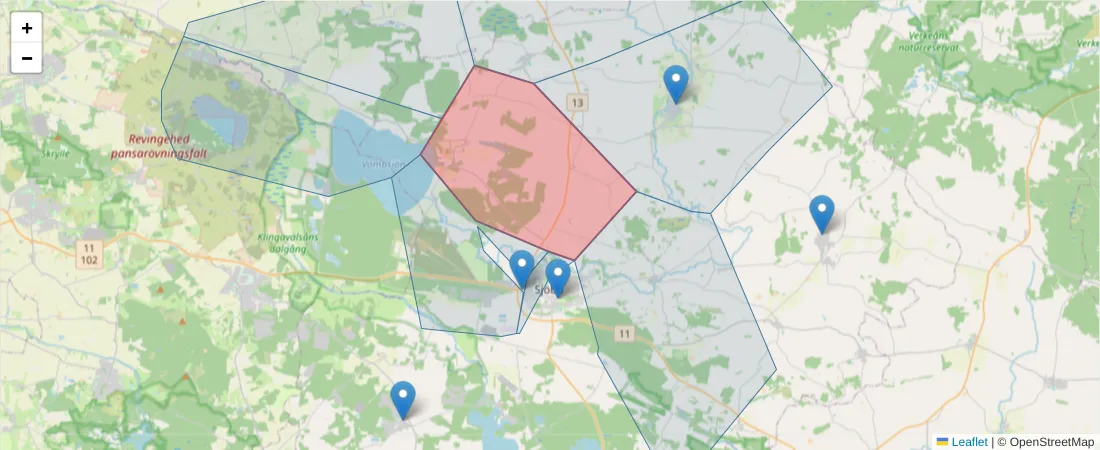 Karta över postnummerområdet  och angränsande postnummer i Sverige