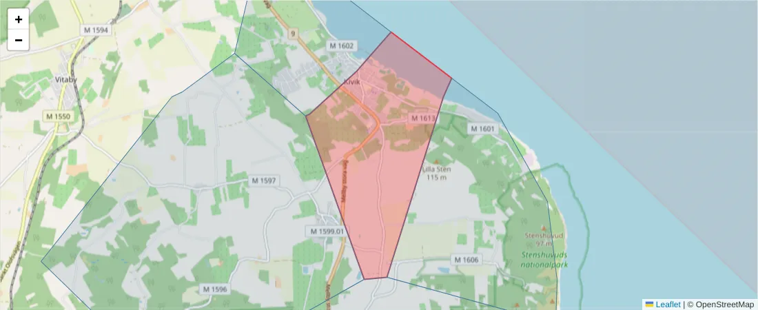 Karta över postnummerområdet  och angränsande postnummer i Sverige