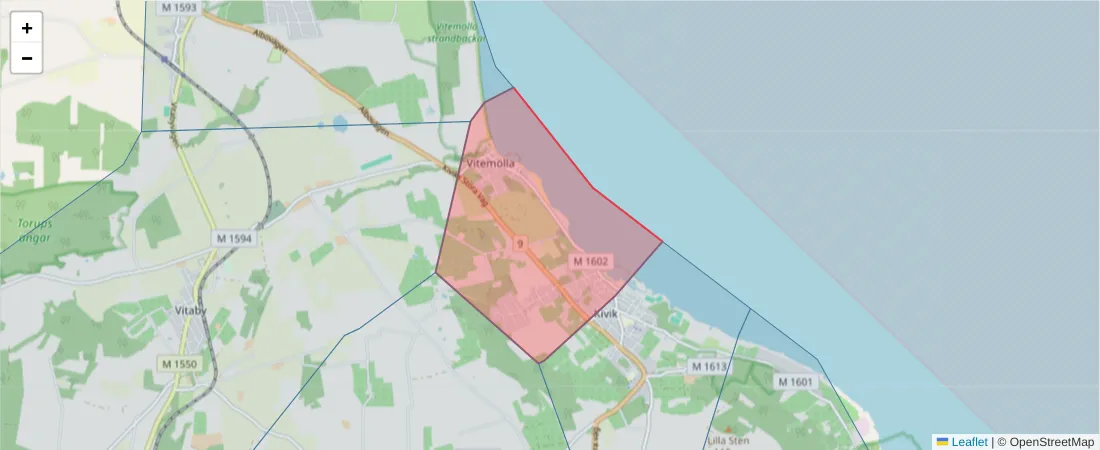 Karta över postnummerområdet  och angränsande postnummer i Sverige