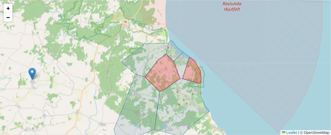 Karta över postnummerområdet  och angränsande postnummer i Sverige