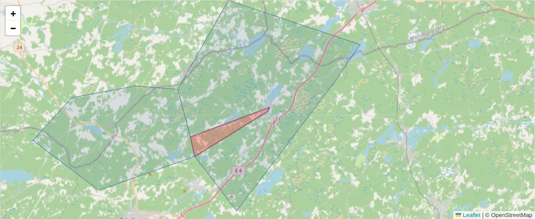 Karta över postnummerområdet  och angränsande postnummer i Sverige