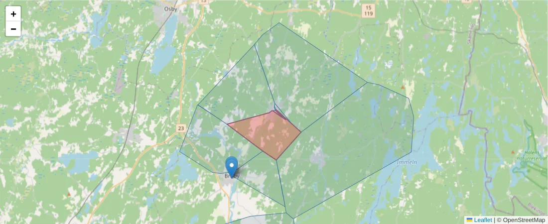 Karta över postnummerområdet  och angränsande postnummer i Sverige