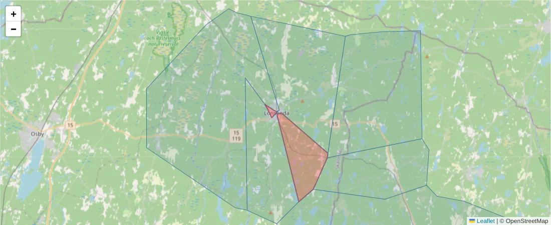 Karta över postnummerområdet  och angränsande postnummer i Sverige