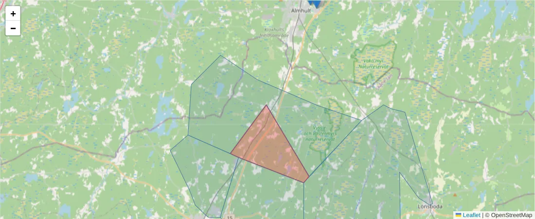Karta över postnummerområdet  och angränsande postnummer i Sverige